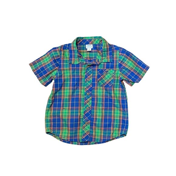 Boys 5T Blue & Green Plaid Button Up Shirt, Short Sleeve, Collared Pocket Casual - Picture 1 of 3